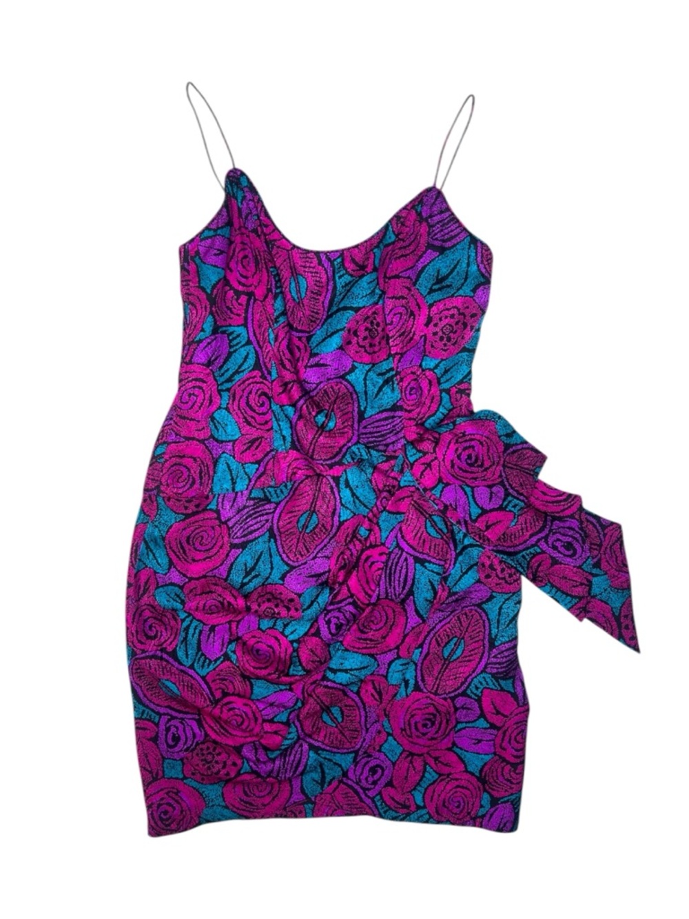 Vintage A.J. Bari Silk 80s Floral Mini Dress Bold Rose Print Slip Party Cocktail